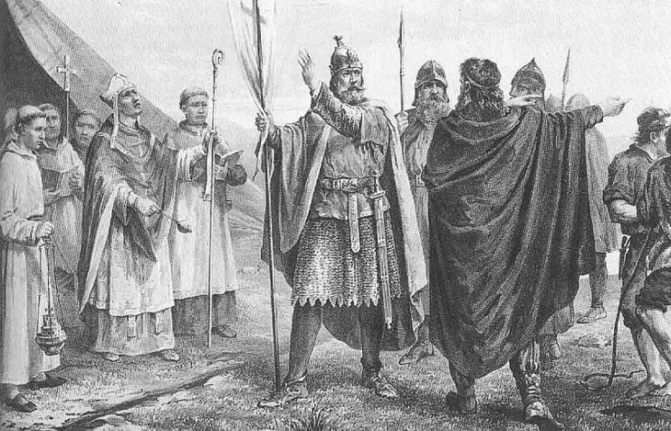 King Olaf I of Norway’s arrival to Norway. Based on drawing by Peter Nicolai Arbo (Norway 1831-1892).