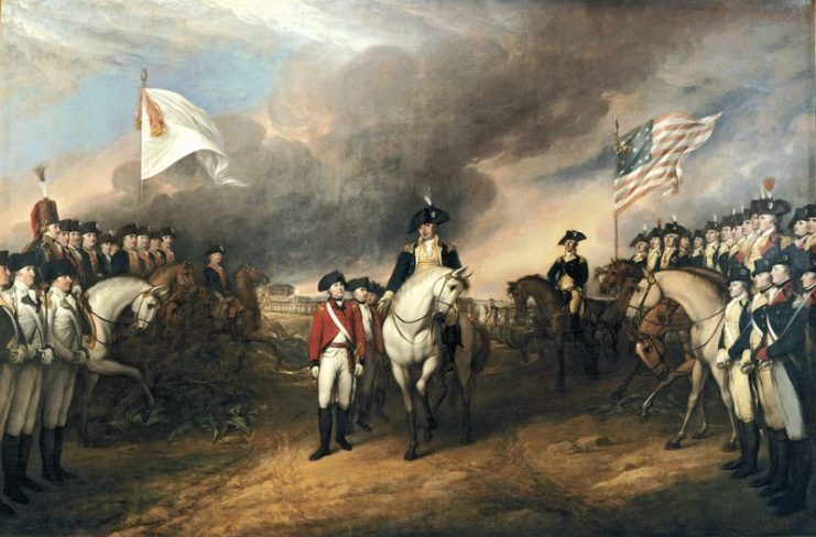 This painting depicts the forces of British Major General Charles Cornwallis, 1st Marquess Cornwallis (1738–1805) (who was not himself present at the surrender), surrendering to French and American forces after the Siege of Yorktown (September 28 – October 19, 1781) during the American Revolutionary War. The central figures depicted are Generals Charles O’Hara and Benjamin Lincoln.