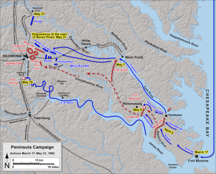 Peninsula Campaign map of events up to the Battle of Seven Pines. Red – Confederate, Blue – Union. Map by Hal Jespersen / CC-BY-SA 3.0