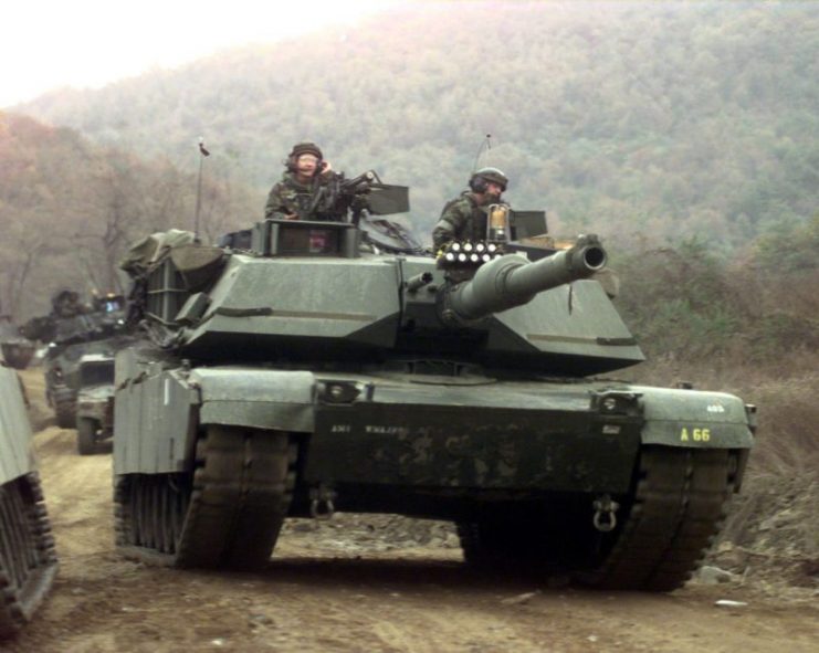 U.S. M1A1s during the Foal Eagle 1998 training exercises in South Korea, with their factory single green paint scheme.