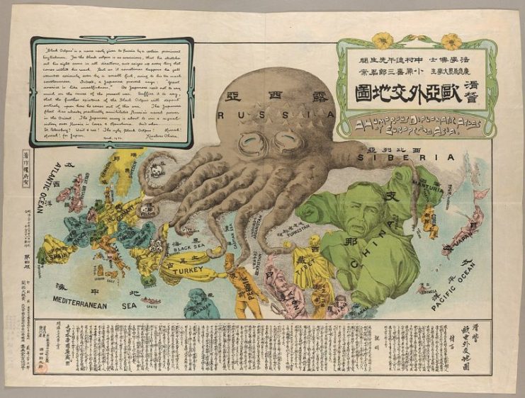 An anti-Russian satirical map produced by a Japanese student at Keio University during the Russo–Japanese War. It follows the design used for a similar map first published in 1877.