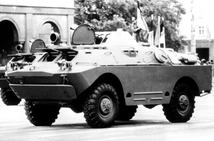A BRDM-2 armored scout car on a military parade.