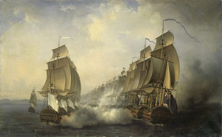 The British (right) and the French (left), with Admiral Suffren’s flagship Cléopâtre on the far left, exchange fire at Cuddalore, by Auguste Jugelet, 1836.