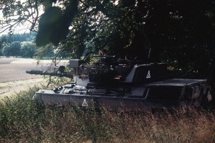 Left rear view of a West German-built Danish Leopard 1A3 main battle tank.