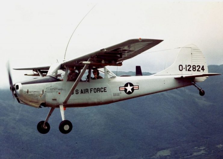 A U.S. Air Force Cessna O-1A Bird Dog (s/n 51-12824) in flight over Vietnam.