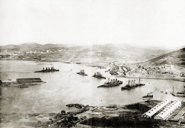 Wrecked ships of the Russian Pacific Fleet, which were later salvaged by the Japanese navy.