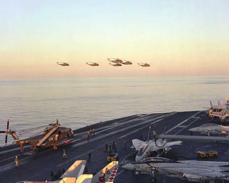 RH-53Ds of HM-16 on the USS Nimitz before repainting.
