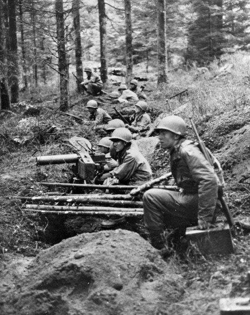 US troops on a trench line in the Hurtgen forest, the border between Belgium and Germany.