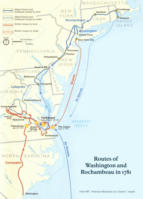 Franco-American routes during the Yorktown campaign.