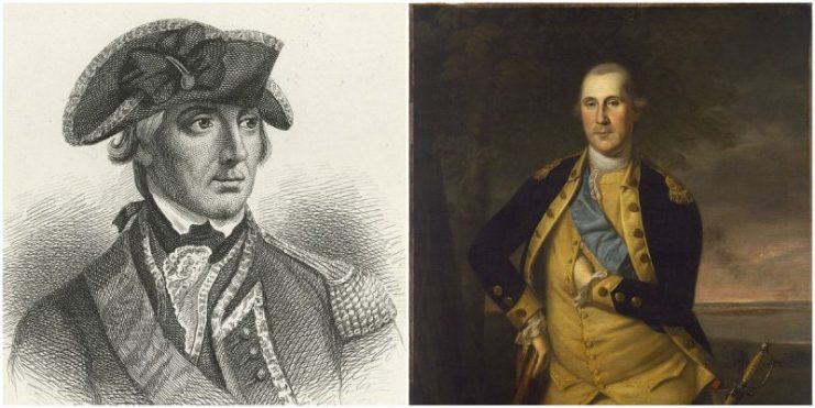 Left: Gen. Sir William Howe;        Right: George Washington, driven from New York beginning at the Battle of Brooklyn portrait by Charles Wilson Peale 1776