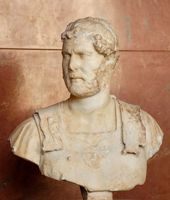 Hadrian in armor, wearing the gorgoneion; marble, Roman artwork, c. 127–128 AD, from Heraklion, Crete, now in the Louvre, Paris