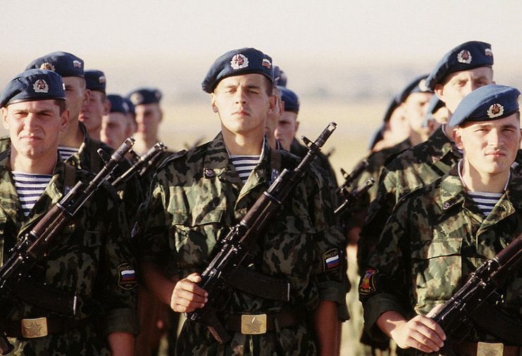 Russian paratroopers stand at attention during an exercise in Kazakhstan.
