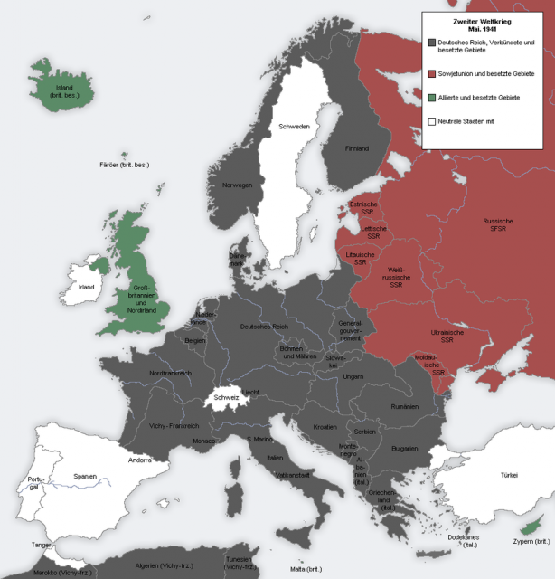 The geopolitical disposition of Europe in 1941, immediately before the start of Operation Barbarossa. The grey area represents Nazi Germany, its allies, and countries under its firm control. Map: MaGioZal / CC-BY-SA 3.0