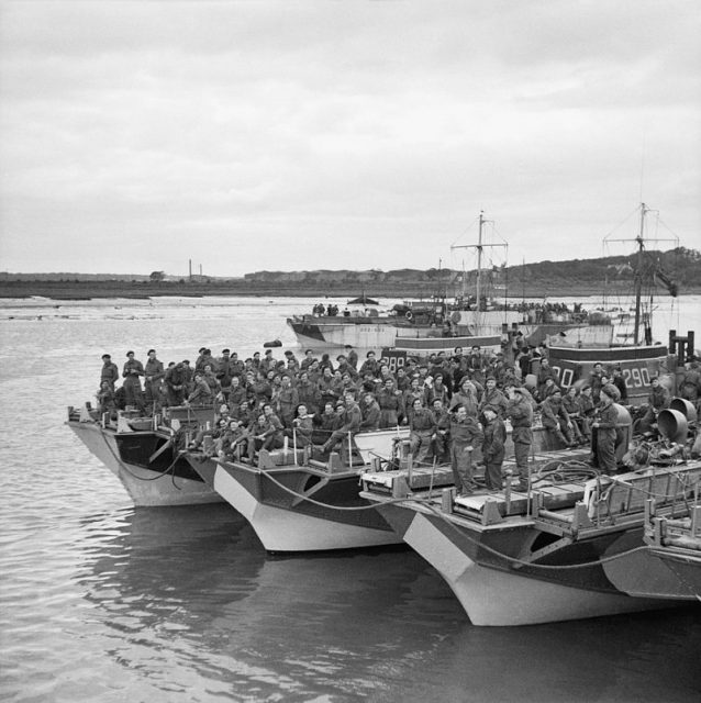 Commandos of 1st Special Service Brigade aboard LCI (S) (Landing Craft Infantry (Small)) at Warsash, Southampton, 3 June 1944.