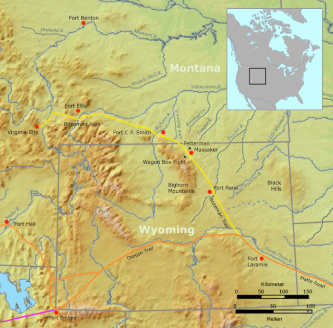 Route of Bozeman Trail (1863-1868; in yellow). While the route was in use, most of the trail crossed the 1851 Crow Indian treaty guaranteed territory west of Powder River.