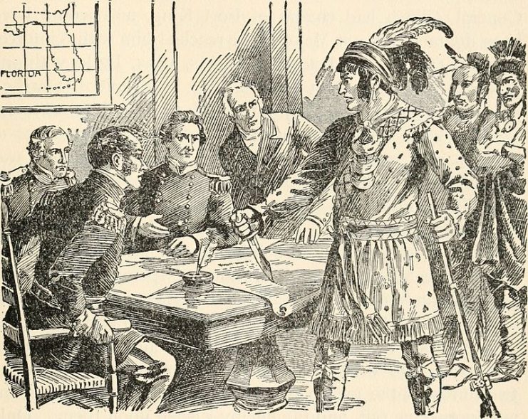 A drawing depicting the often told story of Osceola stabbing a treaty with his knife.