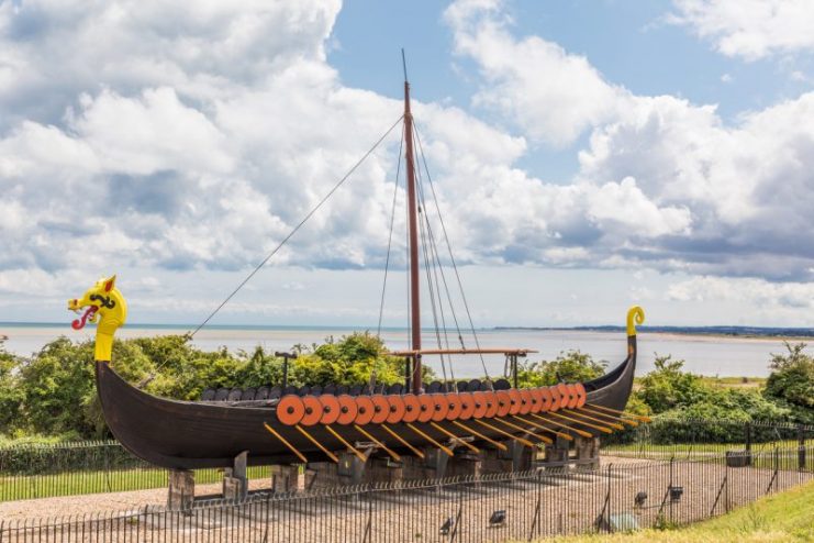 A restored Viking Sailing Ship at Pegwell Bay in Kent, UK.