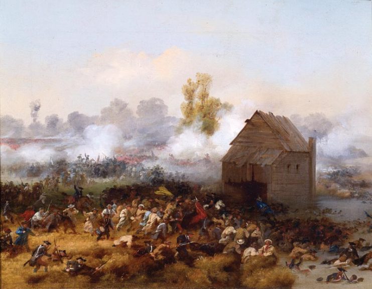 Gunpowder smoke from cannons and muskets mark where Stirling and the Maryland troops attack the British, while the rest of the American troops in the foreground escape across Brouwer’s mill pond. The building pictured is the mill. (Battle of Long Island, 1858 Alonzo Chappel)
