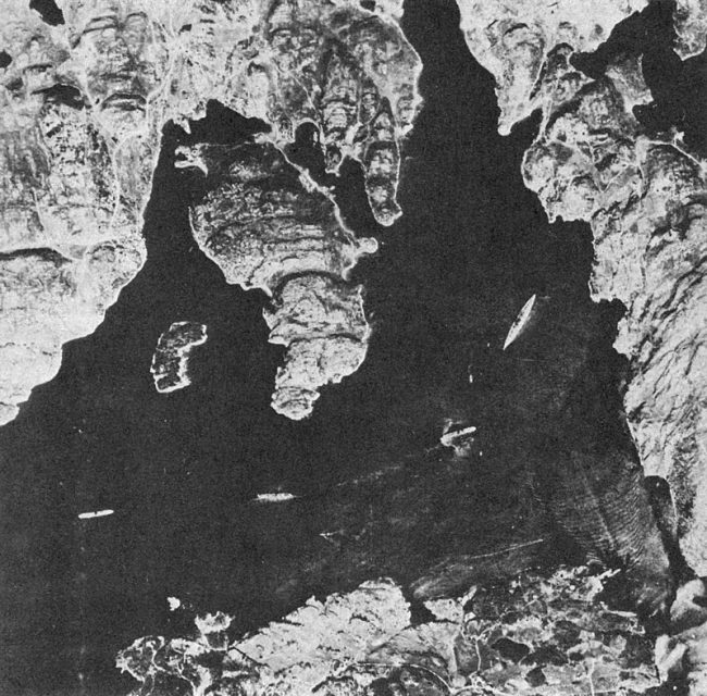 Aerial reconnaissance photo showing Bismarck anchored (on the right) in Norway