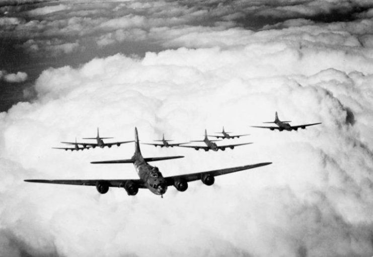 B-17s in formation above the clouds, c. 1942.