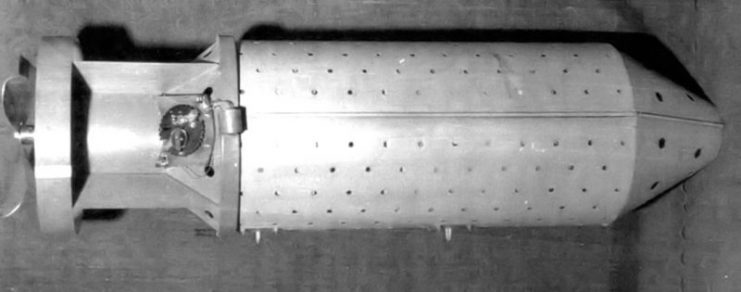 Bat-bomb canister later used to house the hibernating bats. Ideally, the canister would be dropped from high altitude over the target area, and as the bomb fell (slowed by a parachute), the bats would warm up and awaken. At 1,000 ft, the bomb would open and over a thousand bats, each carrying a tiny time-delayed napalm incendiary device, would fly in a 20-40 mile radius and roost in flammable wooden Japanese buildings. The napalm devices would ignite simultaneously, and thousands of small fires would flare up at once