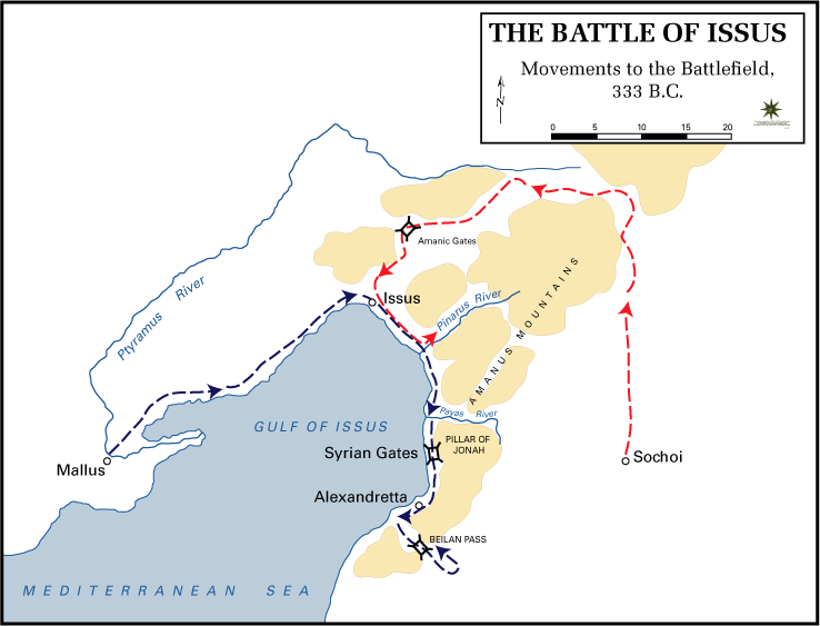 Battle of Issus Movements – Persians in Red & Macedonians in Blue.