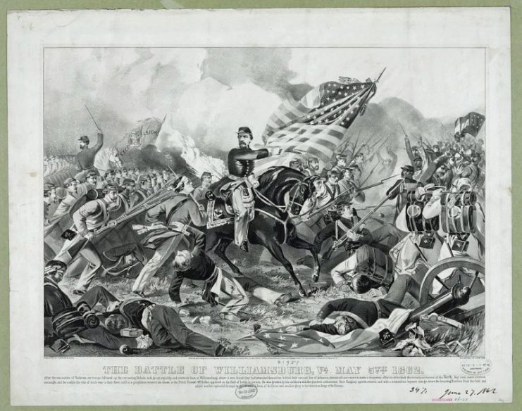 McClellan arriving at the Battle of Williamsburg, as depicted by Currier and Ives.