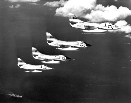 Douglas A-4 Skyhawks from the USS Essex flying sorties over combat areas during the invasion.