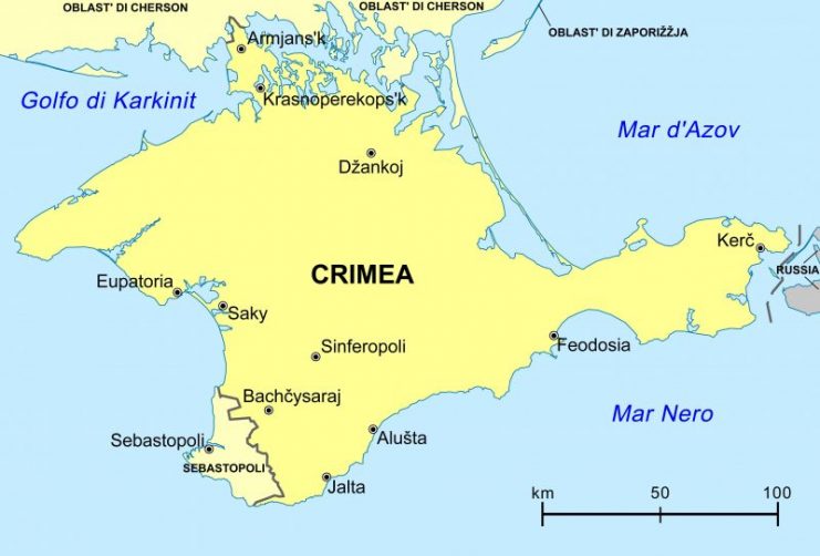 Crimea map. The position of Caffa (present-day Feodosiya) and the Black Sea. By PANONIAN / CC BY-SA 3.0