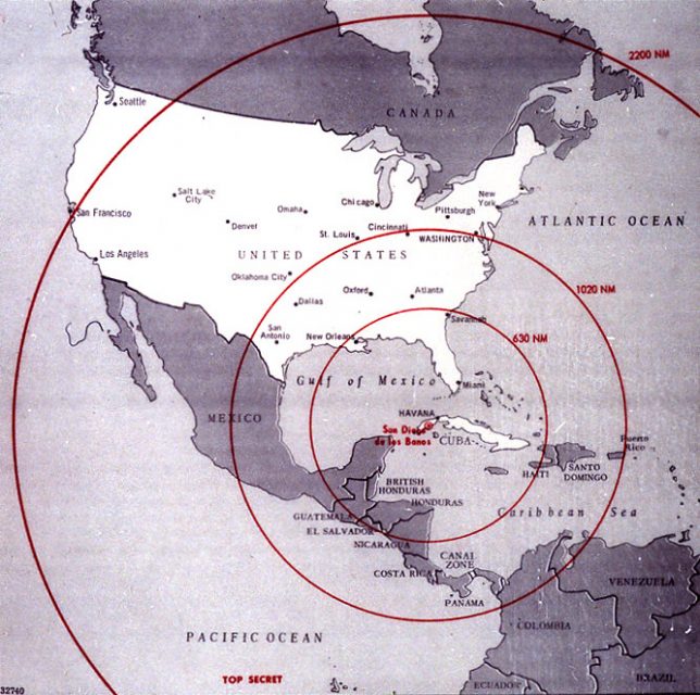 Map of the western hemisphere showing the full range of the nuclear missiles under construction in Cuba, used during the secret meetings on the Cuban crisis.