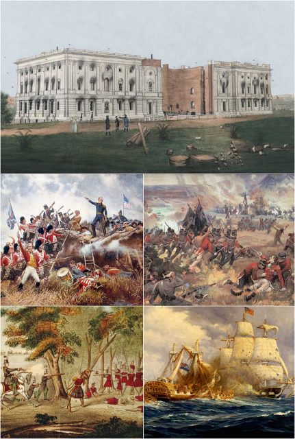 Montage of images relevant to the War of 1812. Clockwise, from top: Damage to the US Capitol building after the Burning of Washington. The mortally wounded Isaac Brock spurs his troops on at the Battle of Queenston Heights. USS Constitution vs HMS Guerriere. The death of Tecumseh at the Battle of the Thames. Andrew Jackson leads the defence at the Battle of New Orleans.