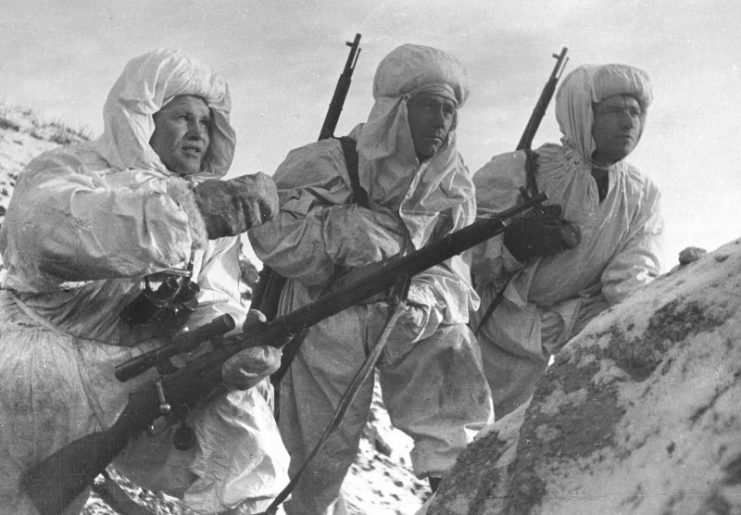Vasily Zaytsev, left, and soviet snipers equipped with Mosin-Nagant M1891/30 with PE scope in Stalingrad, December 1942.