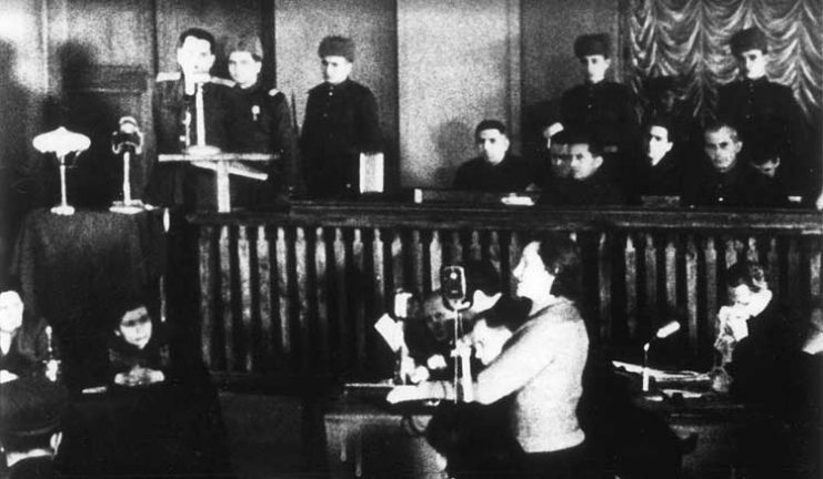 Dina Pronicheva on the witness stand, 24 January 1946, at a Kiev war-crimes trial of fifteen members of the German police responsible for the occupied Kiev region.