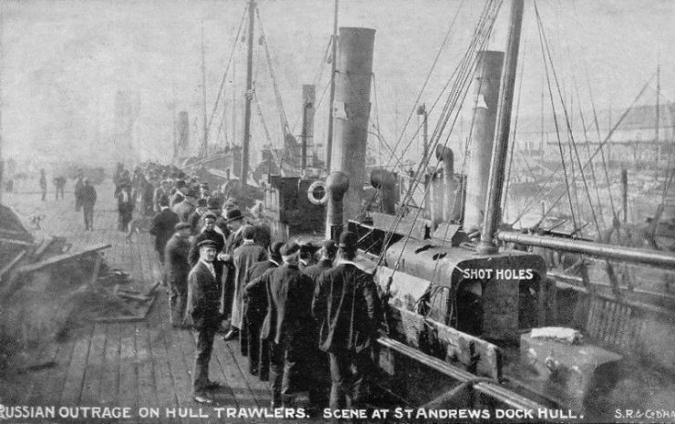 Russian Outrage on the Hull fishing fleet on 22 October 1904, otherwise known as the ‘Dogger Bank incident’, the ‘North Sea Incident’, or the ‘Incident of Hull’, showing shell-damaged returned trawlers in St Andrews Dock, Hull.
