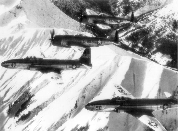 F-80s and F-47s of the 36th and 86th Fighter Wings over Germany.