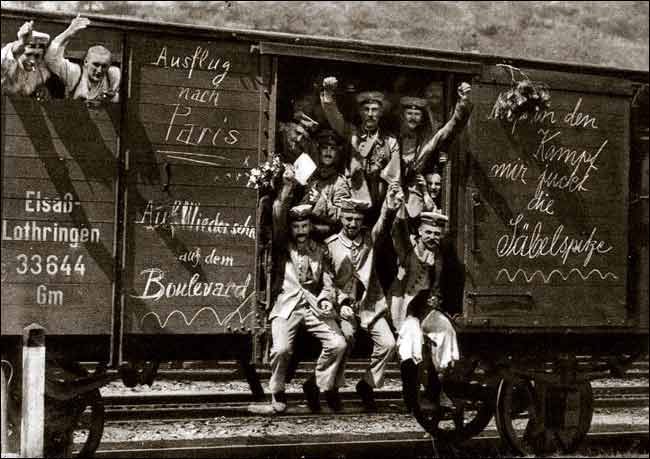 German soldiers in a railway goods wagon on the way to the front in 1914. Early in the war, all sides expected the conflict to be a short one.