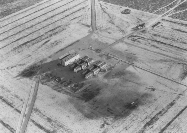 Aerial View of the Japanese and German Village at Dugway prooving ground, Utah. The Villages were created to perfect firebombing techniques on German and Japanese residential areas.
