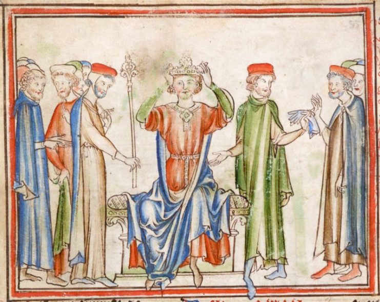 13th-century version of Harold’s crowning, from an anonymous Life of King Edward the Confessor in Cambridge University Library.