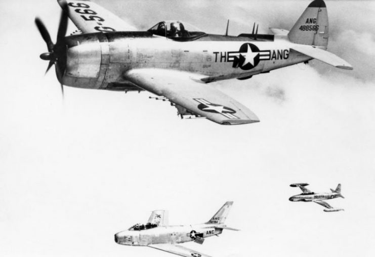 Republic F-47N-5-RE Thunderbolt 44-88566 along with an F-86A Sabre and T-33 Shooting Star trainer, 1954