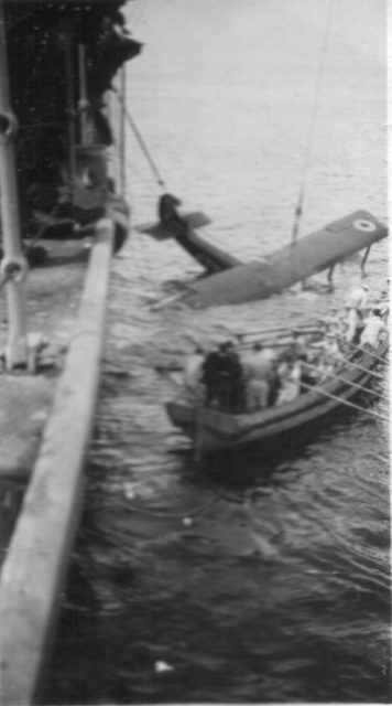 A plane ditched alongside HMS Vindictive after returning from air raid, Baltic Sea, 1919