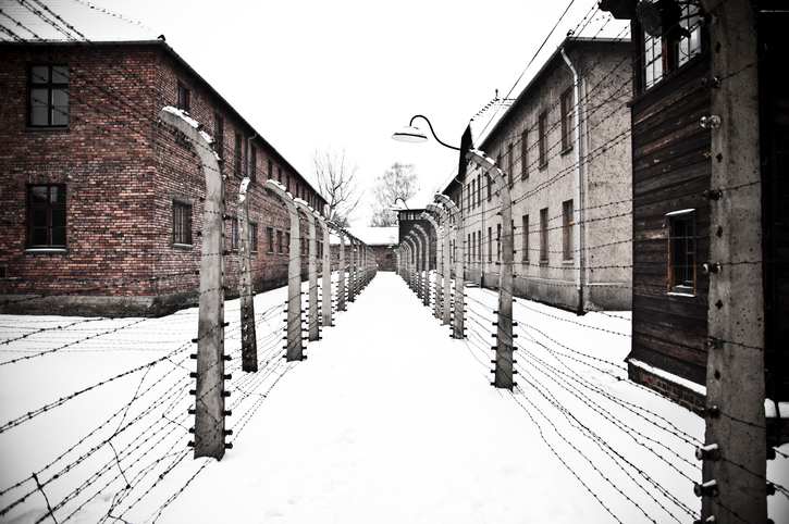 The Auschwitz concentration camp is located about 50 km from Krakow. The picture shows two rows of electrical barbed wire surrounding the camp on winter day.