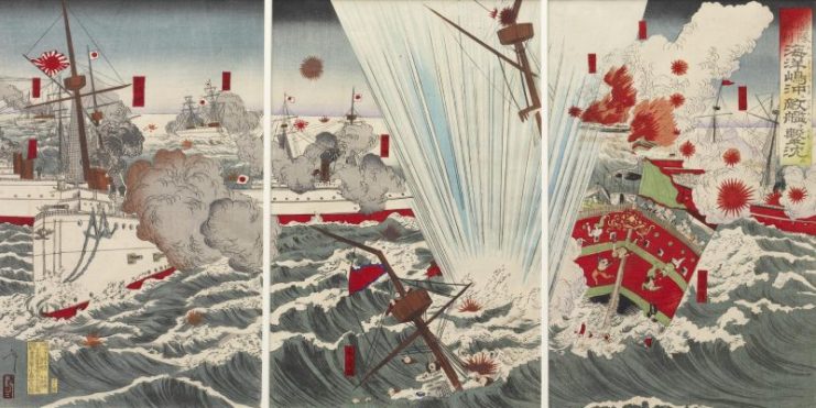 Japanese print depicting Matsushima (left) attacking Chinese warships, Shunsai Toshimasa (ja), 1894