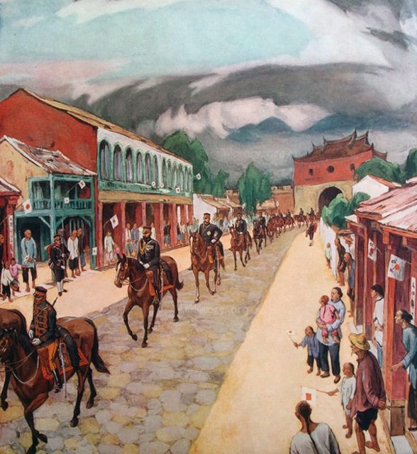 Painting of Japanese soldiers entering the city of Taipeh (Taipei) in 1895 after the Treaty of Shimonoseki.