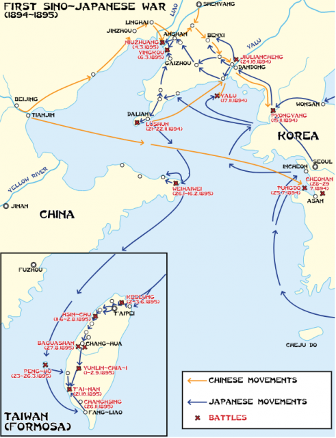 Map of battles during the first Chinese-Japanese war (1894-95). Image: Hoodinski / CC-BY-SA 3.0