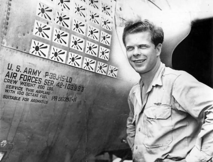 Medal of Honor Recipient Richard Bong next to his P-38J named “Marge.”