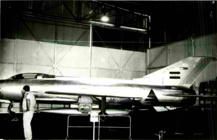 MiG-21 as photographed at the air force hangar at the base where it was placed.