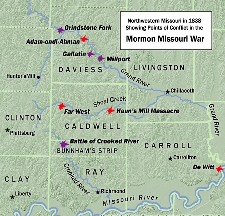A map of Northwestern Missouri in 1838, showing points of conflict in the Mormon War. Photo: John Hamer / CC-BY-SA 3.0