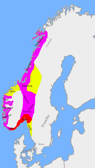 Division of Norway after the Battle of Svolder according to Heimskringla: The red area was under direct Danish control, with Sweyn’s ruling it as a Danish extension. Eiríkr Hákonarson ruled the purple area as a fiefdom from Sweyn Forkbeard. The yellow area was under Sveinn Hákonarson, his half-brother, held as a fief of Olof Skötkonung, the Swedish king.