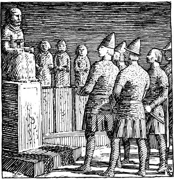 Olaf in the temple of Thor (Illustration by Halfan Egedius).