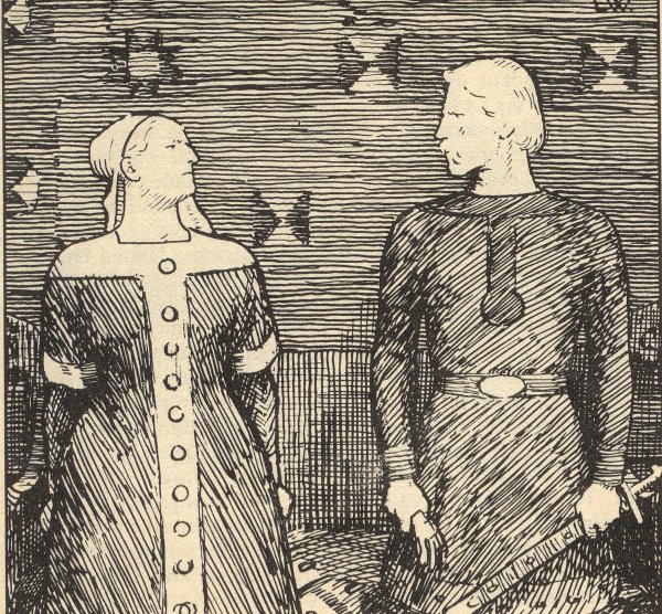 Olaf Tryggvason proposes marriage to Sigrid the Haughty, on condition she convert to Christianity. When Sigrid rejects this, Olaf strikes her with a glove. She warns him that might lead to his death.